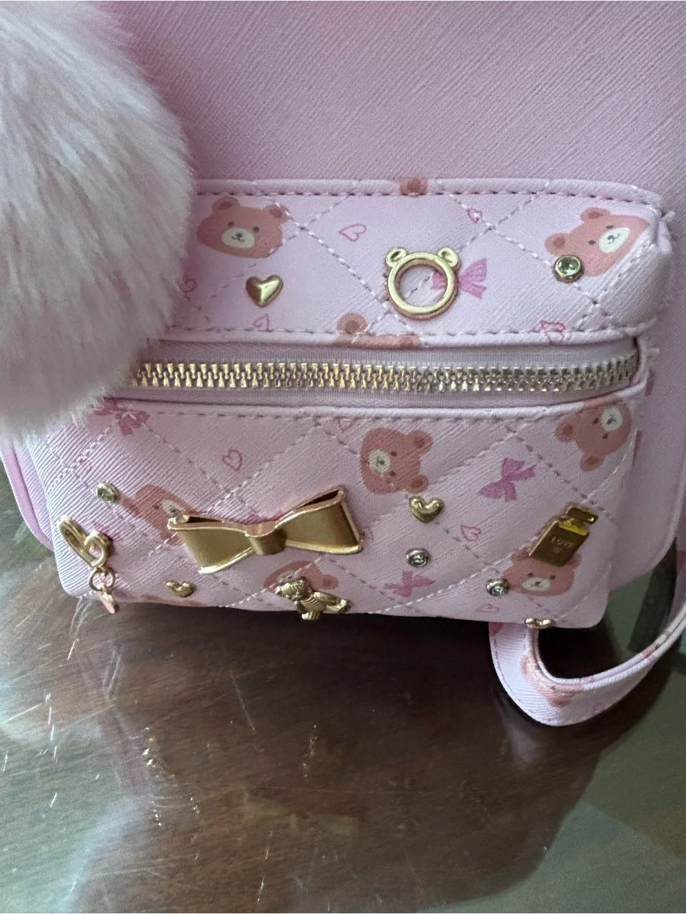 Under One Sky Light Pink Mini Backpack with Faux Fur Pom Pom and Gold Accents